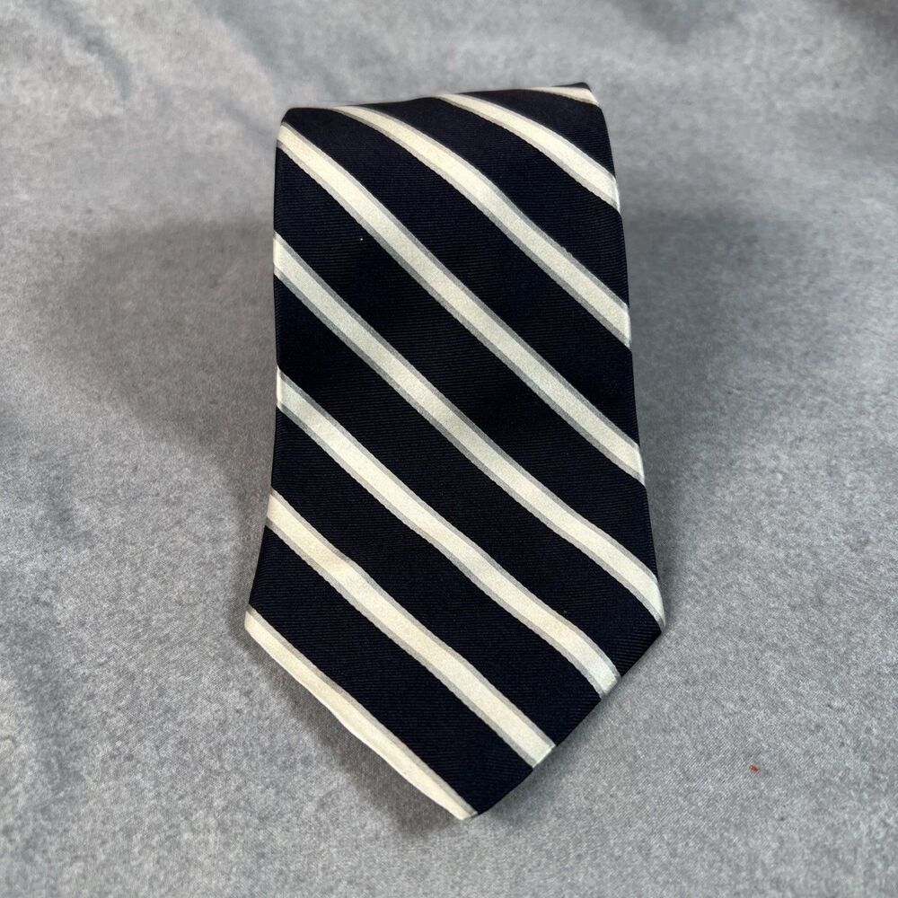 Jones New York Men's Silk Tie 60”x3.75” Black, Silver & Blue in a Striped Design